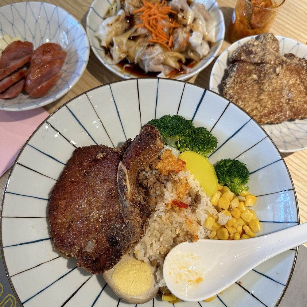 Pork chop over rice, Taiwanese sausage, and wonton Pork chop over rice, Taiwanese sausage, and wonton