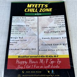 Myett's Chill Zone - Food menu.