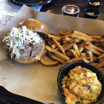 Mission BBQ - Pulled pork sandwich, with fries and Mac + cheese - Barbeque Near Me - Fairfax, Virginia