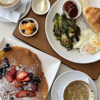 Utopia Caffe - Off-menu pancakes (substitute for French toast that was sold out) / French breakfast platter / Utopia lattes - Breakfast & Brunch Near Me - Tustin, California