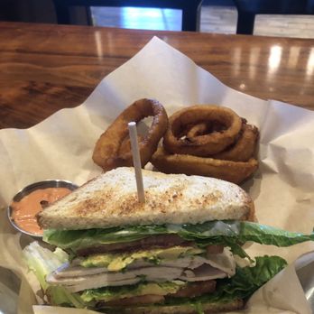 Lazy Dog Restaurant & Bar - Half club with onion rings - New American Near Me - Concord, California Lazy Dog Restaurant & Bar - Half club with onion rings - New American Near Me - Concord, California