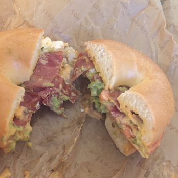 Einstein Bros. Bagels - Egg white, bacon, tomato, and guacamole plain bagel sandwich. Currently $4.99 and tastes better than it looks - Bagels Near Me - Orange, California Einstein Bros. Bagels - Egg white, bacon, tomato, and guacamole plain bagel sandwich. Currently $4.99 and tastes better than it looks - Bagels Near Me - Orange, California