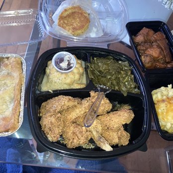 SoulBox - fried Fried Whole Chicken Wings Mac n Cheese V Yams Vg Collard Greens No Pork Cornbread Dressing No Pork peach cobler - Soul Food Near Me - Atlanta, Georgia