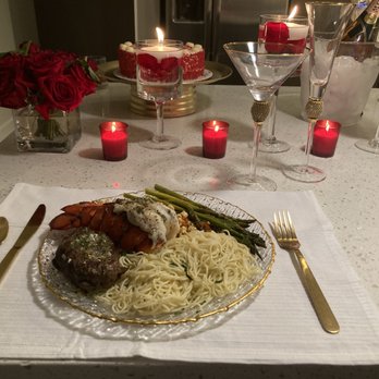 The Platinum Private Chef - Romantic Surf n' turf with her butter linguine and roasted asparagus - Personal Chefs Near Me