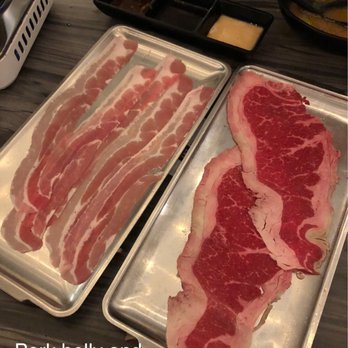 Shabuya - Pork belly on the left. US WAGYU blade meat on the right. - Hot Pot Near Me - Concord, California