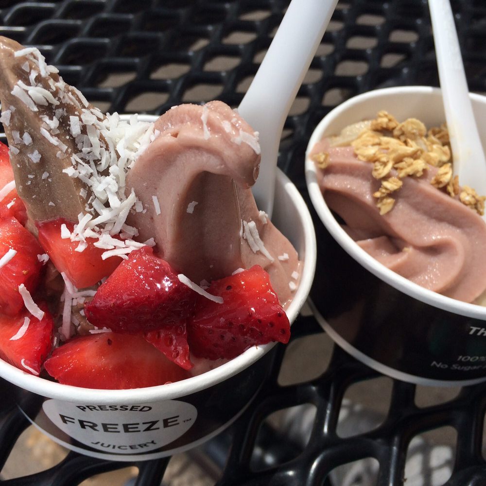 Pressed - Left: choc/strawberry flavored freeze. Coconut, strawberry and blueberry. Right:Half of a Size 1 with strawberry/vanilla w/ granola. - Ice Cream & Frozen Yogurt Near Me - Laguna Niguel, California