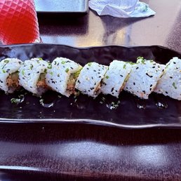 California Roll and a pomegranate, lime and mint drink (non-alcoholic).