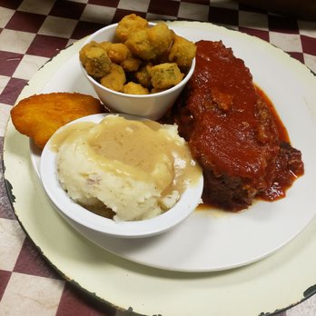 Elisha's Food for the Soul - Meatloaf,  mashed potatoes,  and okra. Hot water cornbread.. - Soul Food Near Me - Marshall, Texas