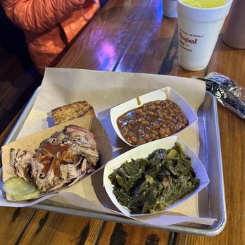Moe's Original Bar B Que - Pulled pork platter, baked beans, collard greens. Delish! - Barbeque Near Me - Panama City Beach, Florida Moe's Original Bar B Que - Pulled pork platter, baked beans, collard greens. Delish! - Barbeque Near Me - Panama City Beach, Florida