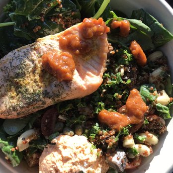 Pressed Cafe - Mediterranean salmon bowl with house made (I believe) hot sauce. WOW. So good. - Coffee & Tea Near Me - Nashua, New Hampshire Pressed Cafe - Mediterranean salmon bowl with house made (I believe) hot sauce. WOW. So good. - Coffee & Tea Near Me - Nashua, New Hampshire
