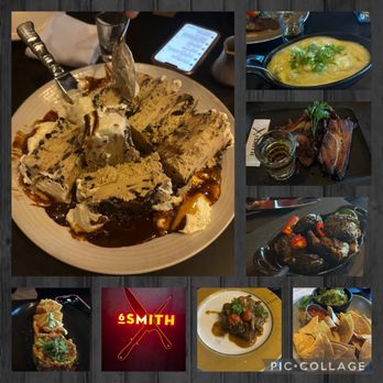 6Smith - The Mocha Mud Pie. Left: Tuna Poke & Steak Diane, House Made Guac & chips, Brussels Sprouts, Bacon & Bourbon & mashed Yukon Gold Potatoes. - Seafood Near Me - Wayzata, Minnesota