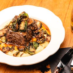 Cooper & Cow, Steakhouse - Braised Short Rib w/cheddar polenta, crispy brussels sprouts,natural jus