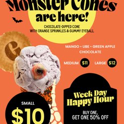 Gelatissimo - Halloween Happy Hour Special Buy one monster cone get one 50% off - weekdays 3-6pm