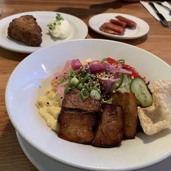 Koko Head Cafe - Kimchi scone (top left), Portuguese sausage (top left) and Don Buri Chen. - Breakfast & Brunch Near Me - Honolulu, Hawaii