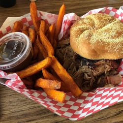 Staxx BBQ - Pulled pork sandwich combo with sweet potato fries