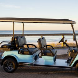 Emerald Coast Premier Rentals - One of our 6-passenger street-legal golf carts parked along the coast. Clean, comfortable, and perfect for getting around the beach towns.