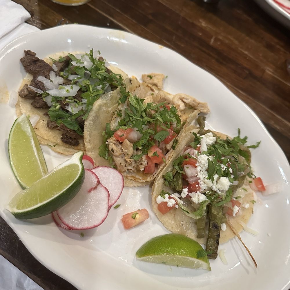 Carne asada taco, pollo asado taco, nopales taco