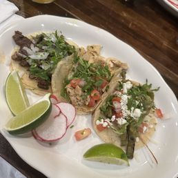 Carne asada taco, pollo asado taco, nopales taco