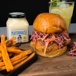 Mise En Place - Oven Fried Chicken Sandwich with Buttermilk Slaw and Sweet Potato "Fries"