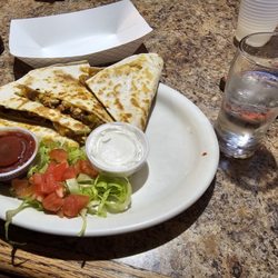 Brownie's Bar & Grill - Chicken quesadilla with a side of double absolute spicy water