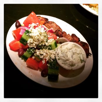 Estiatorio Yia Sou! - Souvlaki stick trio with Greek salad. - Greek Near Me - Montreal, Quebec