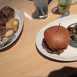 Blue Moon Brewery & Grill - Smoked chicken, cornbread, Brunswick stew. Fried brussels sprouts and brisket "burger"