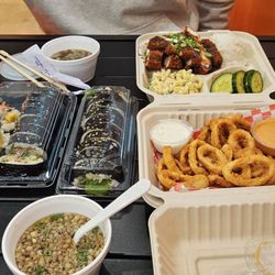 Chicken katsu, shrimp tempura kimbap, veggie kimbap, calamari fries, and miso soup.