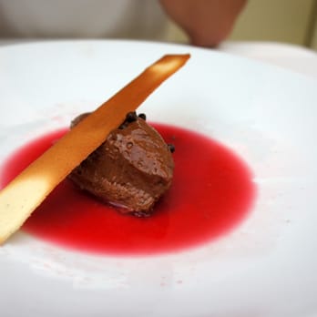 Sassafraz - Rose water scented chilled cherry soup with dark chocolate mousse - French Near Me - Toronto, Ontario Sassafraz - Rose water scented chilled cherry soup with dark chocolate mousse - French Near Me - Toronto, Ontario