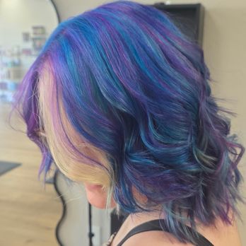 Stacey Wood - Purple and blue with a streak of blonde from brunette hair - Hair Salons Near Me - Grants Pass, Oregon Stacey Wood - Purple and blue with a streak of blonde from brunette hair - Hair Salons Near Me - Grants Pass, Oregon