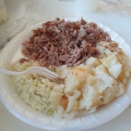 Barbeque,slaw,baked potatoe,and hush puppies. Barbeque,slaw,baked potatoe,and hush puppies.