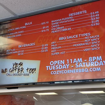 Cozy Corner Restaurant - Menu 1 - Barbeque Near Me - Memphis, Tennessee