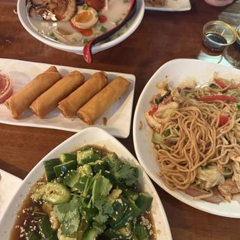 Dumpling Master - Chicken chow mein  Cucumber salad  Tonkatsu Ramen Veggie Spring Rolls - Noodles Near Me - Rancho Cucamonga, California