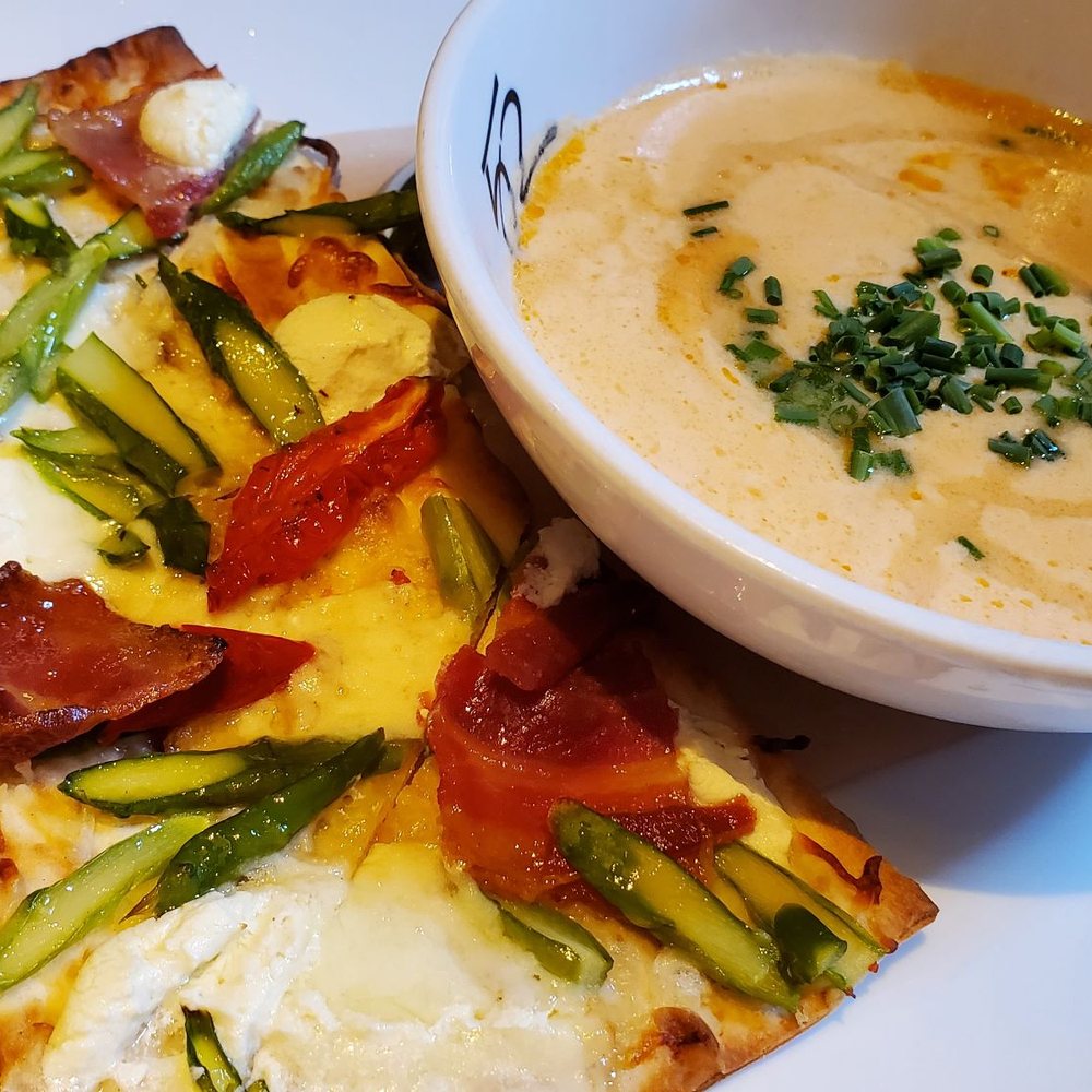 Seasons 52 - Pairing: asparagus and bacon flatbread, lobster bisque - New American Near Me - Bridgewater, New Jersey Seasons 52 - Pairing: asparagus and bacon flatbread, lobster bisque - New American Near Me - Bridgewater, New Jersey