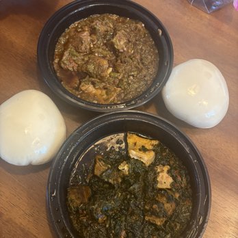Vizo's African Bar & Restaurant - Okra Soup w fufu (top) with Vegetable Soup (bottom) - African Near Me - Lubbock, Texas