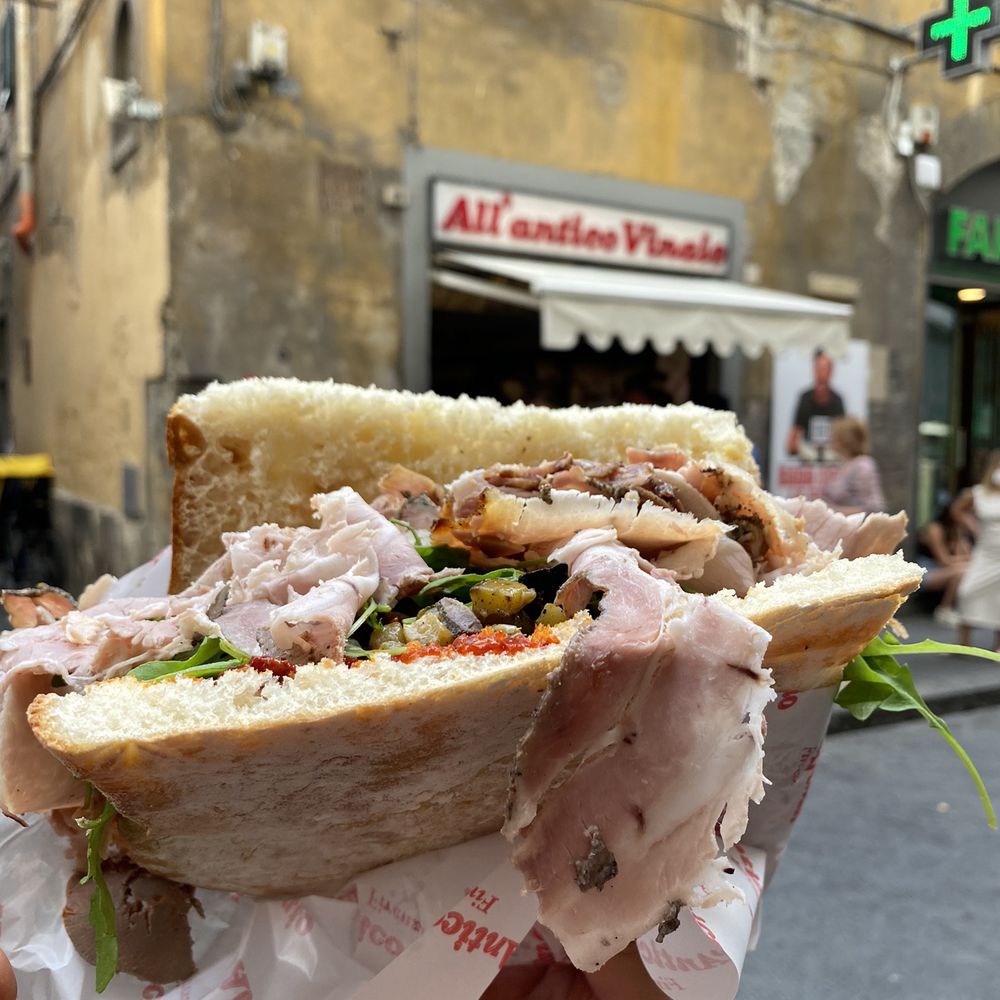 All'Antico Vinaio - L'inferno (Sandwich with Porchetta, arugula, zucchini, balsamic, and spicy sauce) - Sandwiches Near Me - Florence, FI