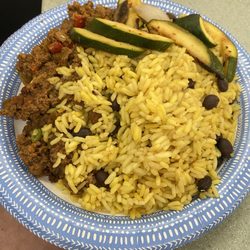 Greenhouse Cafe - Mystery meat, rice, and zucchini