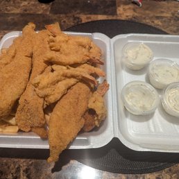 3 fried catfish and 6 shrimp with fries $16. Great deal!