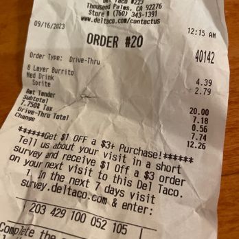 Del Taco - a receipt for a restaurant - Mexican Near Me - Thousand Palms, California Del Taco - a receipt for a restaurant - Mexican Near Me - Thousand Palms, California