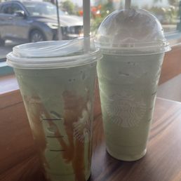 Matcha Frappuccino with caramel sauce, and matcha Frappuccino with whipped cream Matcha Frappuccino with caramel sauce, and matcha Frappuccino with whipped cream