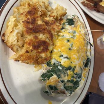 Stacks On Route 66 - Egg White Omelette: Spinach, Turkey Sausage, cheeze, hash browns, and side of pancakes - American Near Me - Glendora, California Stacks On Route 66 - Egg White Omelette: Spinach, Turkey Sausage, cheeze, hash browns, and side of pancakes - American Near Me - Glendora, California