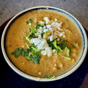 Roundin' 3rd - Street Corn Soup topped with/chipotle cream, cilantro, cotija cheese and paprika. - American Near Me - Long Beach, California