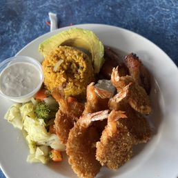 Butterflied shrimp with rice.  Plantains were the highlight.