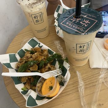 Greatea - Popcorn chicken, oreo milk tea, and tiramisu Thai tea with egg pudding - Bubble Tea Near Me - Suwanee, Georgia