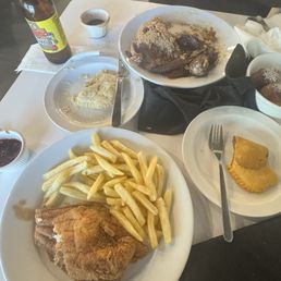 Catfish & fries, Jerk chicken with rice and peas