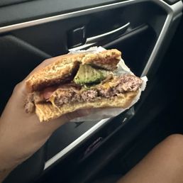My Avocado Bacon Burger. 1 chunk of brown, unripe avocado.