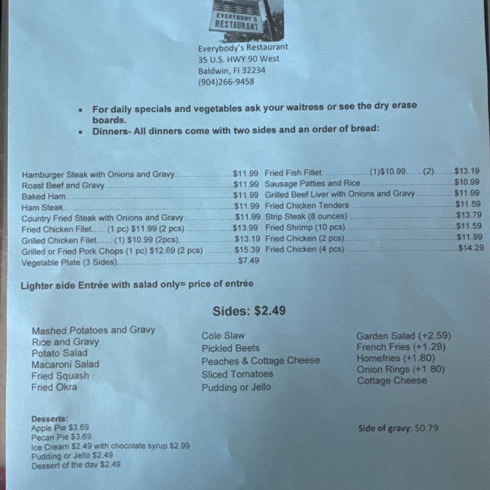 Everybody's Restaurant - Everybody's Restaurant Menu (Front) - Southern Near Me - Jacksonville, Florida