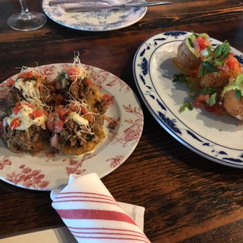 FINKA Table & Tap - Tostones with vaca Tostones Topped With Vaca Frita & arroz con pollo fritters... soooo good - Asian Fusion Near Me - Miami, Florida FINKA Table & Tap - Tostones with vaca Tostones Topped With Vaca Frita & arroz con pollo fritters... soooo good - Asian Fusion Near Me - Miami, Florida