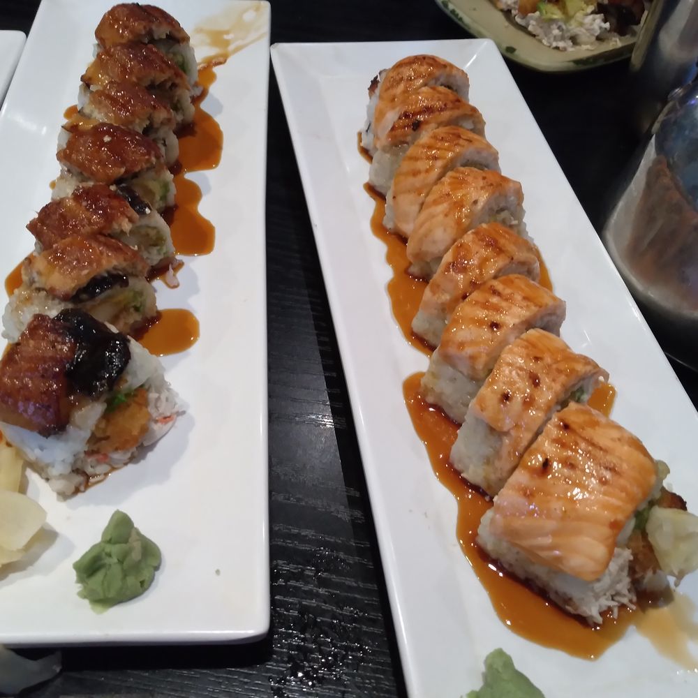 Arigato Sushi - R: Baked Salmon Roll, L: Dragon roll - Sushi Bars Near Me - Salinas, California Arigato Sushi - R: Baked Salmon Roll, L: Dragon roll - Sushi Bars Near Me - Salinas, California
