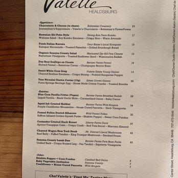 Valette Restaurant - Menu on 6/19/2020 - New American Near Me - Healdsburg, California