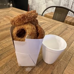 Sheli's Burgers & Fried Chicken - Gigantic onion rings cup for size comparison